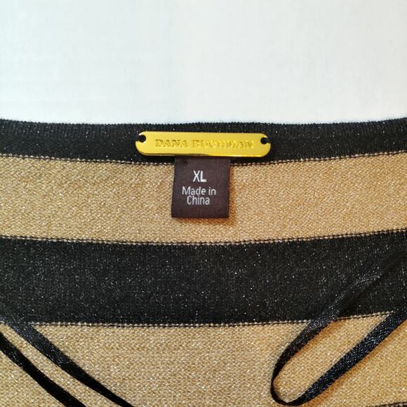 Dana Buckman Black Gold XL Metallic Knit Sweater Stripped With Side Buttons - Picture 2 of 7